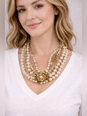 NEW Stella & Dot Multi-Strand Pearl and Gold Statement Necklace